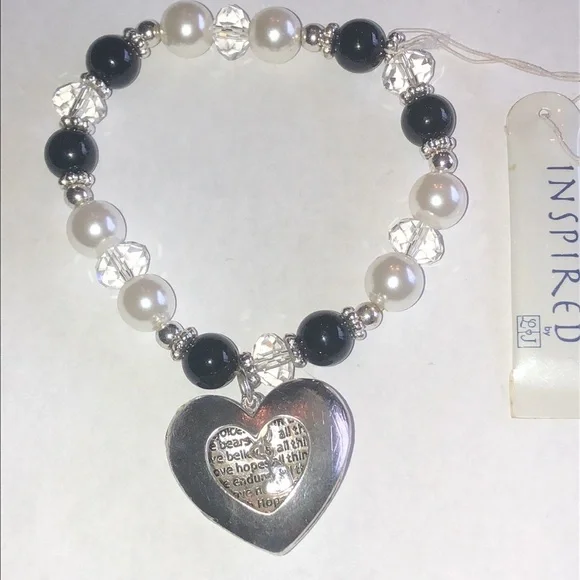 Silver Heart Pendant Bracelet with Black and White Beads - Picture 3 of 5